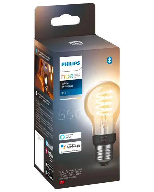 Philips Hue White Ambiance E27 smart LED-pære emballage, 550 lumen, Bluetooth, kompatibel med Alexa og Google Assistant.