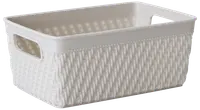 Rektangulär vit plastkorg med flätad struktur, öppen ovansida och inbyggda handtag på sidorna. Perfekt för förvaring av hem- eller kontorsartiklar.