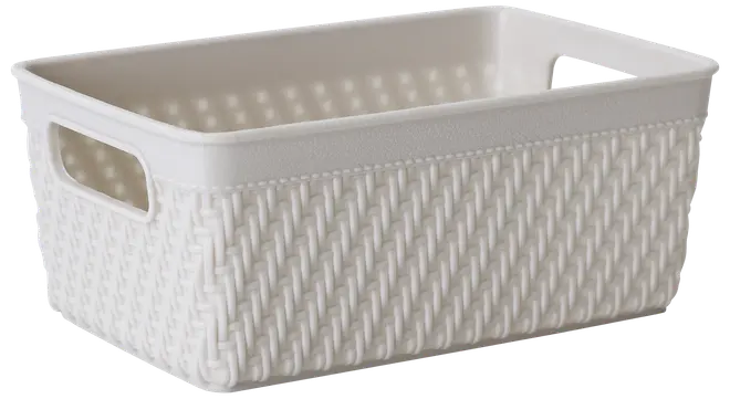 Rektangulär vit plastkorg med flätad struktur, öppen ovansida och inbyggda handtag på sidorna. Perfekt för förvaring av hem- eller kontorsartiklar.