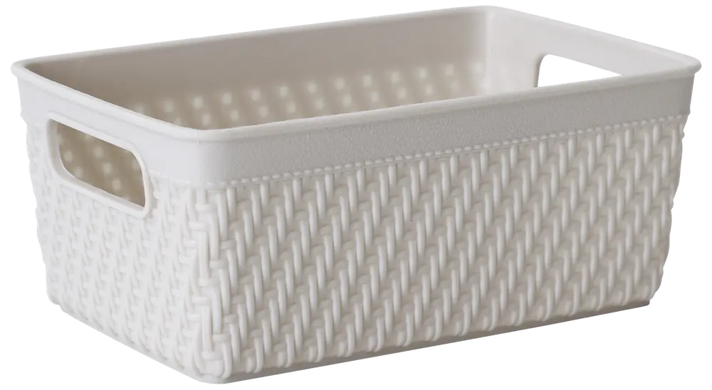 Rektangulär vit plastkorg med flätad struktur, öppen ovansida och inbyggda handtag på sidorna. Perfekt för förvaring av hem- eller kontorsartiklar.