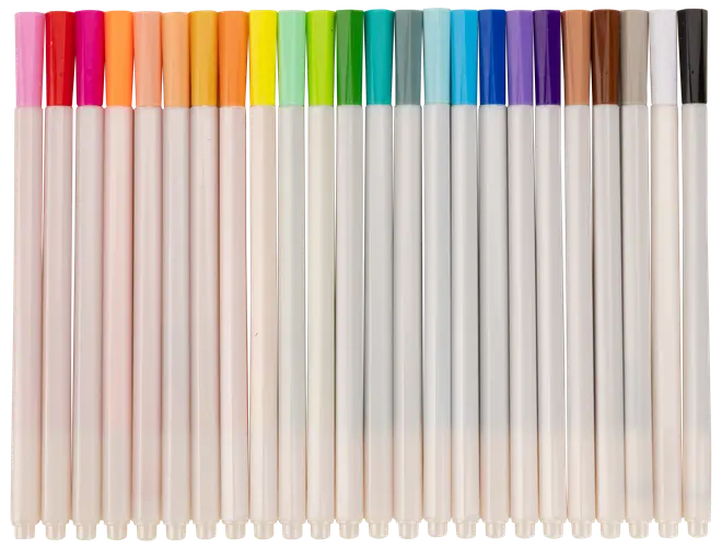 Sæt med 18 tuscher med hvide kroppe og farvede hætter i regnbuefarver. Fine spidser, perfekte til tegning, farvelægning og skrivning. Hætterne viser blækfarven.