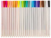 Sæt med 18 tuscher med hvide kroppe og farvede hætter i regnbuefarver. Fine spidser, perfekte til tegning, farvelægning og skrivning. Hætterne viser blækfarven.