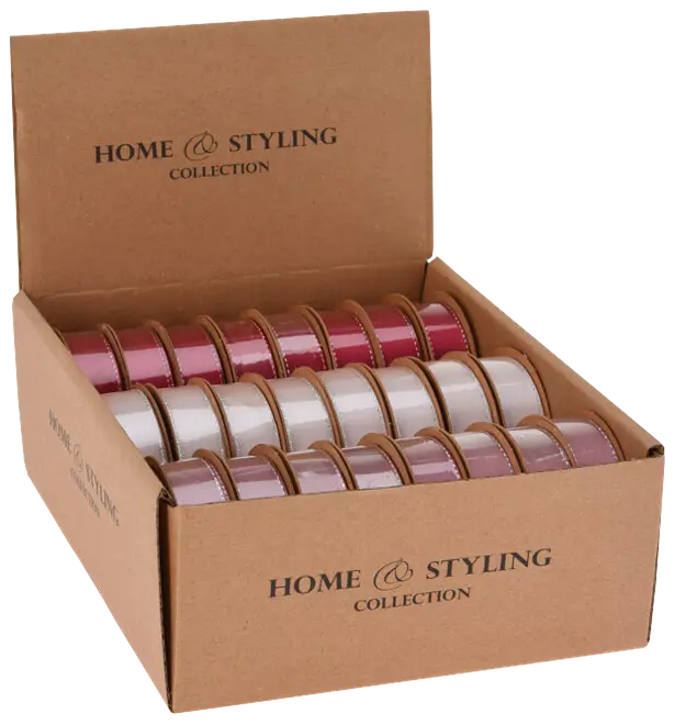 Låda med flera rullar dekorationsband i rosa, vitt och rött. Varje rulle är prydligt placerad, perfekt för presentinslagning eller pyssel. Home Styling Collection-logga på lådan.