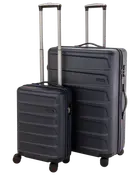 Sæt med to mørkeblå hardcase-kufferter med fire drejehjul, teleskophåndtag og sidehåndtag. Begge har et moderne design med vandrette riller for ekstra holdbarhed.