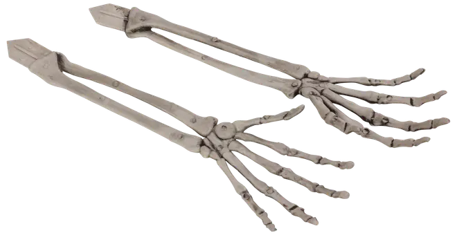 Tång formad som skelettarmar och händer, tillverkad i metall med detaljerad benstruktur. Perfekt för Halloween eller temafester, passar till servering eller dekoration.