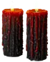Två svarta LED-ljus med realistiska röda vaxdroppar, texturerad yta, flamlös topp, perfekta för Halloween eller gotisk inredning, batteridrivna och återanvändbara.