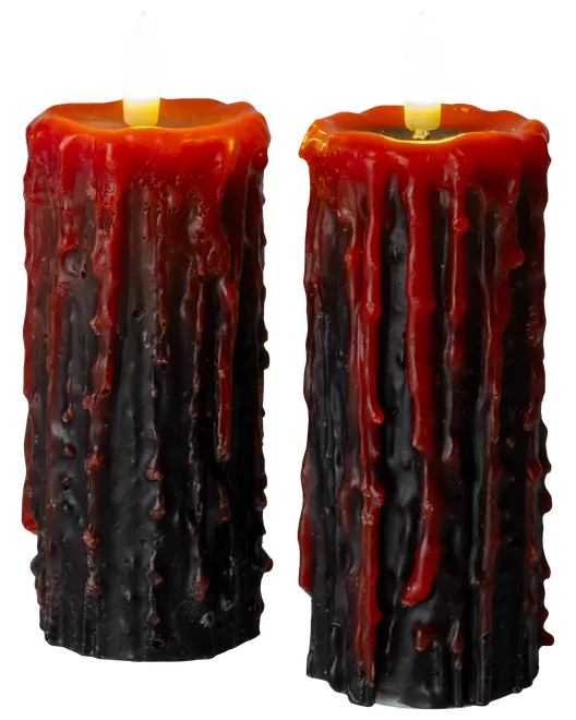Två svarta LED-ljus med realistiska röda vaxdroppar, texturerad yta, flamlös topp, perfekta för Halloween eller gotisk inredning, batteridrivna och återanvändbara.
