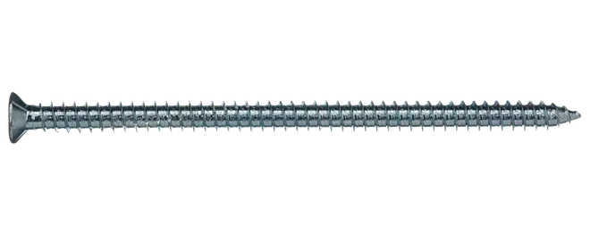 Lang, sølvfarvet metalskrue med fladt forsænket hoved og spids ende. Har dybe, gennemgående gevind langs hele skaftet, velegnet til træ eller gips.