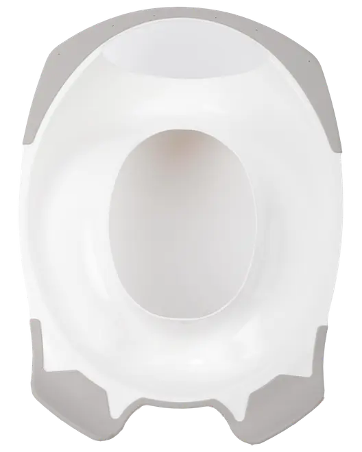Vit plasttoalettsits för barn med grå halksäkra kanter. Ergonomisk design, passar vanliga toaletter och ger komfort och stabilitet vid potträning.
