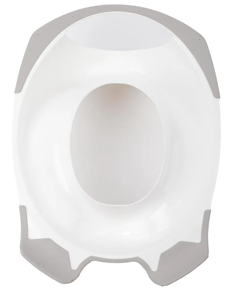 Hvid plastik toiletsæde til børn med grå skridsikre kanter. Ergonomisk form, passer til standardtoiletter og giver komfort og stabilitet under pottetræning.