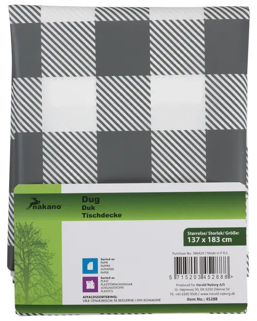 Rektangulär bordsduk, 137 x 183 cm, med svartvitt rutmönster. Tillverkad av plast, lätt att rengöra och skyddar bordet vid måltider.