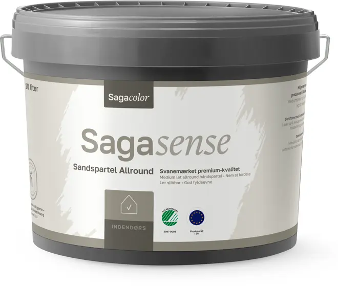 Stor 10-liters plastikspand Sagacolor Sagasense Allround Sandspartel til indendørs brug, med gråt låg og hank, miljømærker og premium kvalitet for nem påføring og slibning.