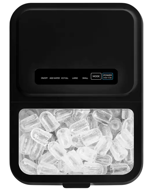 Sort bordis-maskine med digitalt kontrolpanel, synligt rum fyldt med kugleformede isterninger. Funktioner inkluderer størrelsesvalg, vandindikator og rengøringsfunktion. Moderne, kompakt design til hjemmet.