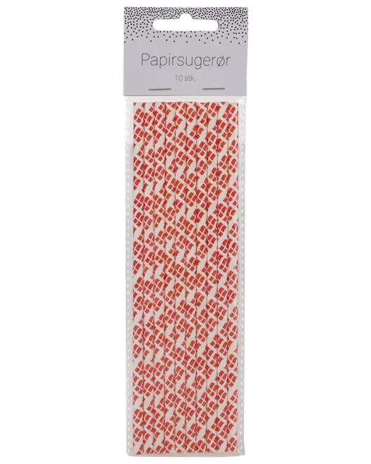 Pakke med 10 papirsugerør med rød og hvidt geometrisk mønster. Hver sugerør er lige, standardstørrelse og velegnet til kolde drikke. Miljøvenlig og engangsbrug.