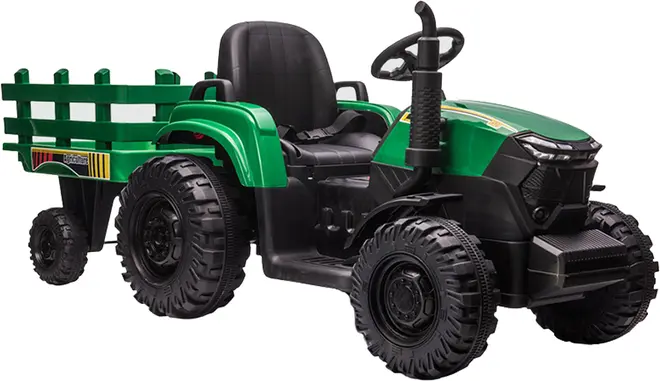 Grøn ride-on legetøjstraktor med matchende trailer, sort sæde, rat og kraftige terrændæk.