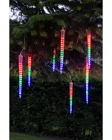 Set med flerfärgade LED-istappslampor för utomhusbruk, med rött, grönt och blått ljus i klara plasthöljen, avsedda att hängas i träd eller takutsprång.