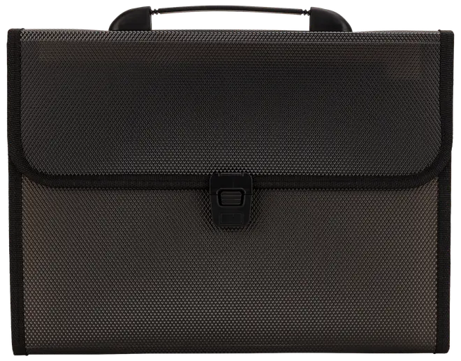 Svart dokumentväska med struktur, bärhandtag och säker frontlås. Rektangulär form, perfekt för papper, mappar eller kontorsmaterial. Slitstark och professionell design.