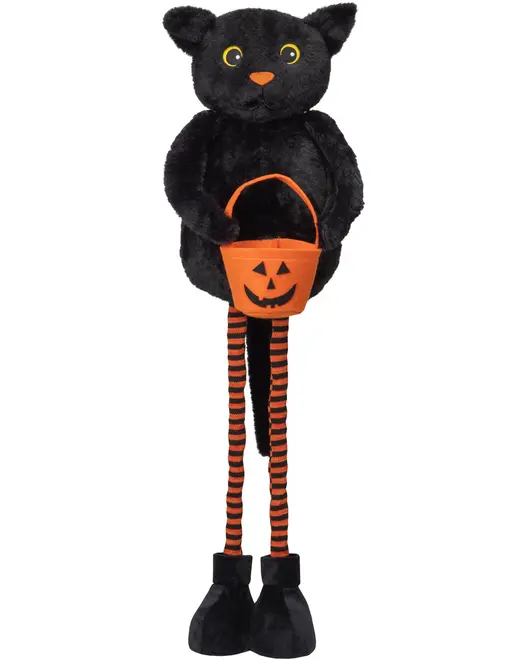 Sort plysdyr-Halloweenkat med lange orange- og sortstribede ben, græskarspand og store fødder.