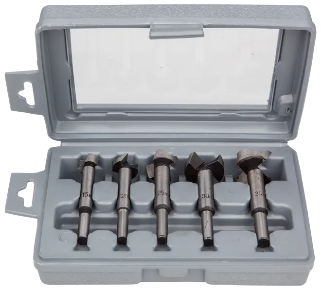 Sæt med fem Forstner-borehoveder i plastkasse, størrelser 15mm til 35mm, velegnet til præcis træboring, hver bor fastgjort i formstøbt rum.