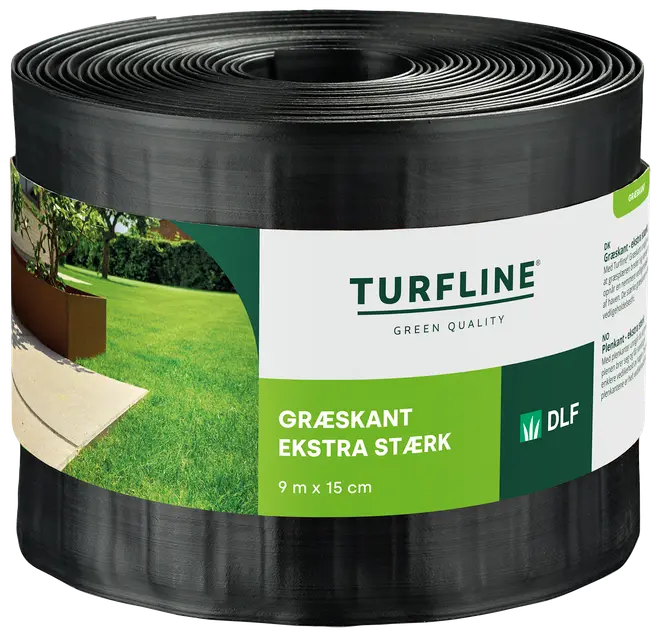 Rulle med extra stark svart gräskant, 9 meter lång och 15 centimeter hög, perfekt för att skapa tydliga gränser mellan gräs och andra ytor i trädgården.