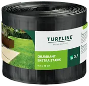 Rulle med extra stark svart gräskant, 9 meter lång och 15 centimeter hög, perfekt för att skapa tydliga gränser mellan gräs och andra ytor i trädgården.