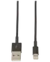 Sort USB-A til Lightning-kabel, egnet til opladning og dataoverførsel til Apple-enheder. Har standard USB-A-stik i den ene ende og Lightning-stik i den anden.
