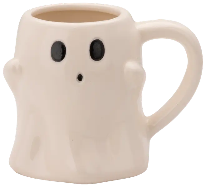 Keramikkopp formad som ett spöke med två svarta ovala ögon och en liten rund mun. Koppen är vit med stort handtag, perfekt för Halloween.