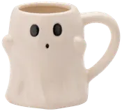 Keramikkopp formad som ett spöke med två svarta ovala ögon och en liten rund mun. Koppen är vit med stort handtag, perfekt för Halloween.