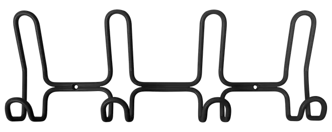 Sort vægmonteret metalstativ med fire U-formede kroge, ideel til ophængning af jakker, tasker eller tilbehør. Minimalistisk og robust design med monteringshuller.