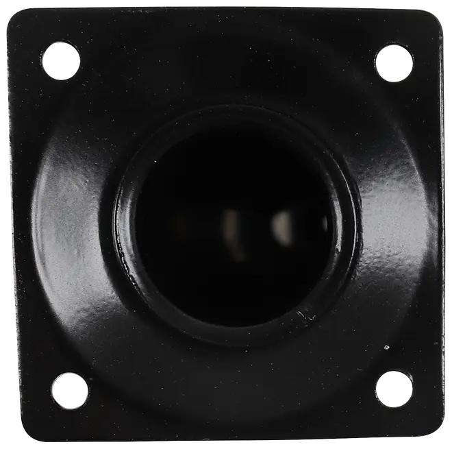 Sort metal firkantet møbelbenbeslag med centralt hul og fire hjørneskruehuller til sikker montering. Holdbar overflade, passer til forskellige møbelben.