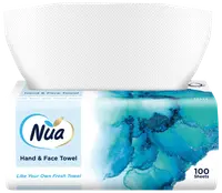 Förpackning med Nua hand- och ansiktshanddukar, 100 ark, vita engångshanddukar med struktur i rektangulär ask med blått abstrakt mönster och produktlogga.