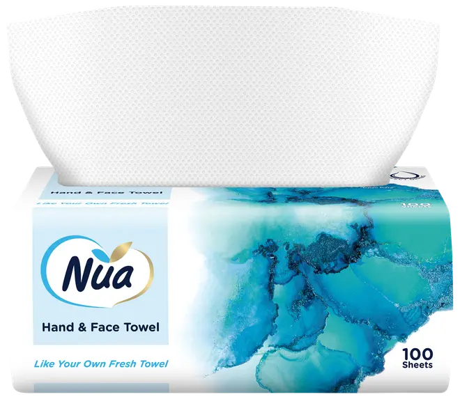 Æske med Nua hånd- og ansigtshåndklæder, 100 ark, hvide engangshåndklæder med tekstur i rektangulær æske med blåt abstrakt design og produktlogo foran.