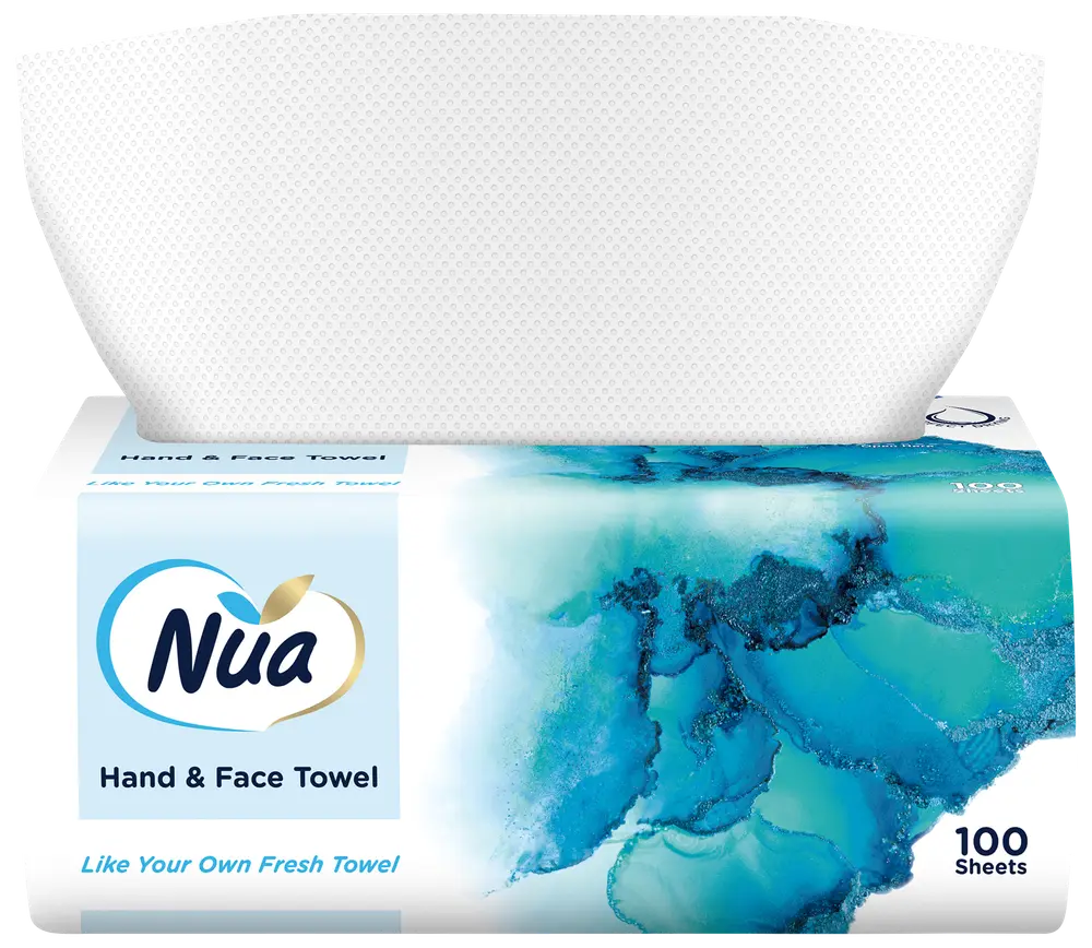 Förpackning med Nua hand- och ansiktshanddukar, 100 ark, vita engångshanddukar med struktur i rektangulär ask med blått abstrakt mönster och produktlogga.