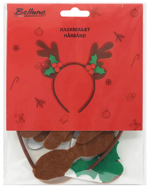 Juldiademset med bruna filt-renhorn, gröna järneksblad och röda bär. Förpackat platt i klar påse med röd bakgrund. Perfekt för julkostymer.