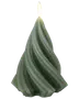 Grönt spiralformat ljus som liknar en julgran, med virvlad yta och en ensam låga i toppen. Dekorativt och festligt för juldekoration.