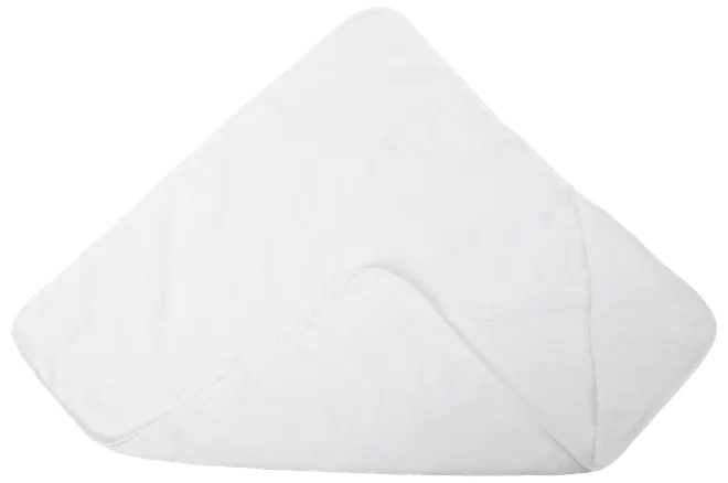 Vitt babyhandduk med huva, tillverkad av mjukt, absorberande tyg. Har hörnhuva för enkel inpackning och torkning. Passar spädbarn och småbarn, skonsam mot huden.