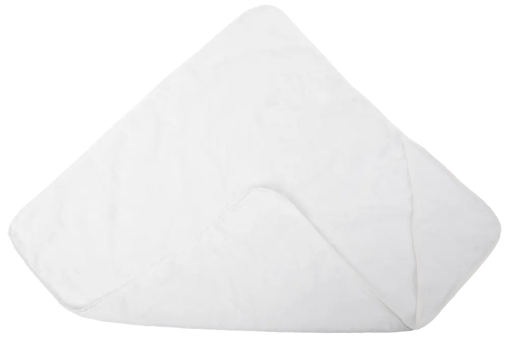 Hvid babyhåndklæde med hætte, lavet af blødt, absorberende stof. Har hjørnehætte til nem indpakning og tørring. Velegnet til spædbørn og småbørn, skånsom mod huden.