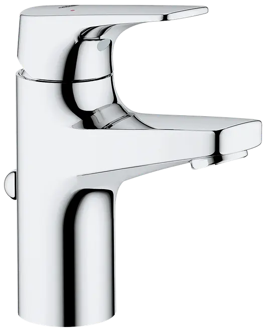 Modern kromad badrumsblandare med ettgreppsreglage, cylindrisk bas och slank pip. Enkel temperatur- och flödeskontroll. Passar handfat. Blank, reflekterande yta.