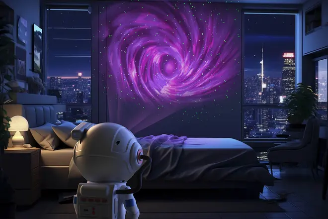 Selvlysende vægmaleri med lilla galakse, monteret over en moderne seng i et soveværelse med byudsigt. Astronaut-dekoration og stemningsbelysning skaber en kosmisk stemning.
