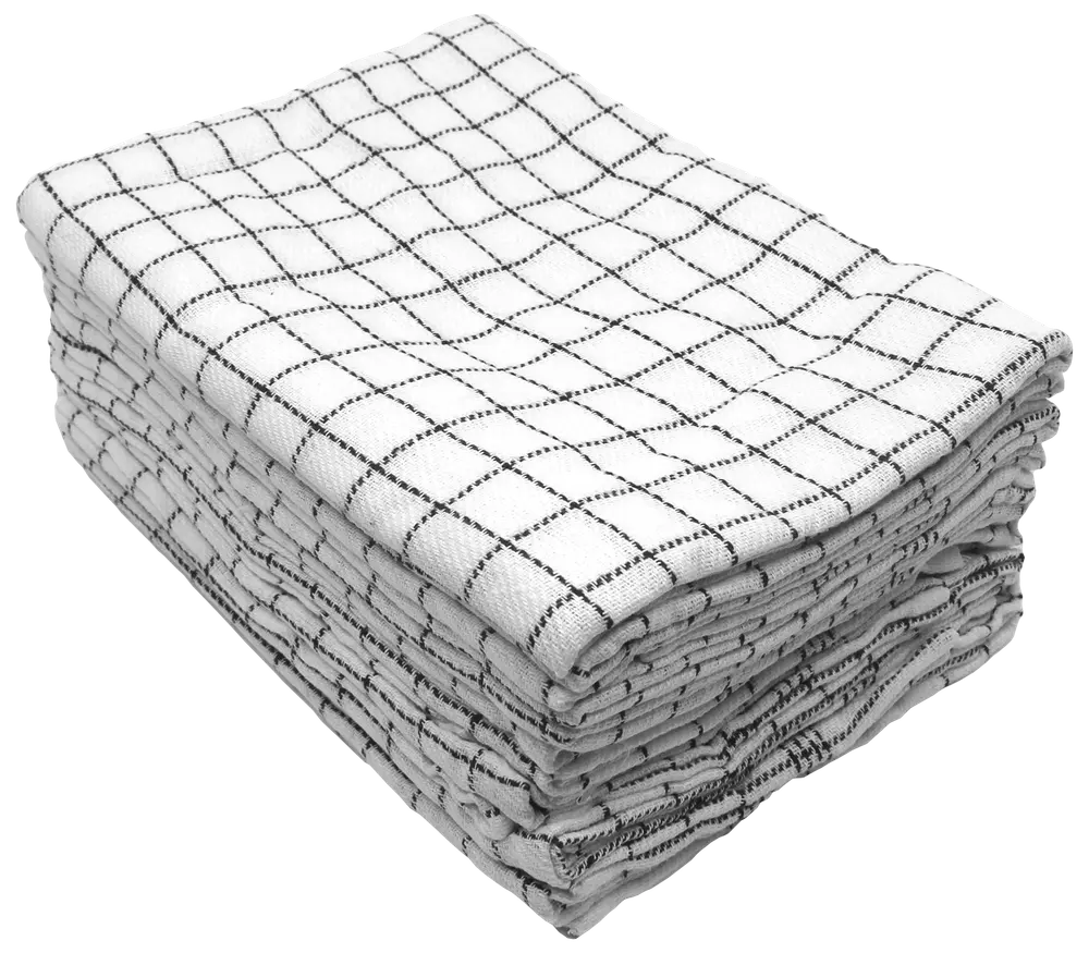 Stak af hvide viskestykker med sort ternet mønster, pænt foldet. Lavet af absorberende stof, ideel til opvask eller rengøring. Sættet indeholder flere viskestykker.