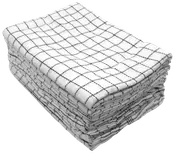 Staplad bunt vita kökshanddukar med svart rutmönster, prydligt vikta. Tillverkade av absorberande tyg, perfekta för disk eller rengöring. Flera handdukar ingår.