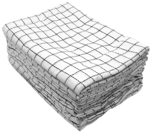 Stak af hvide viskestykker med sort ternet mønster, pænt foldet. Lavet af absorberende stof, ideel til opvask eller rengøring. Sættet indeholder flere viskestykker.