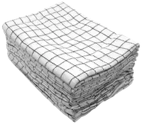 Stak af hvide viskestykker med sort ternet mønster, pænt foldet. Lavet af absorberende stof, ideel til opvask eller rengøring. Sættet indeholder flere viskestykker.