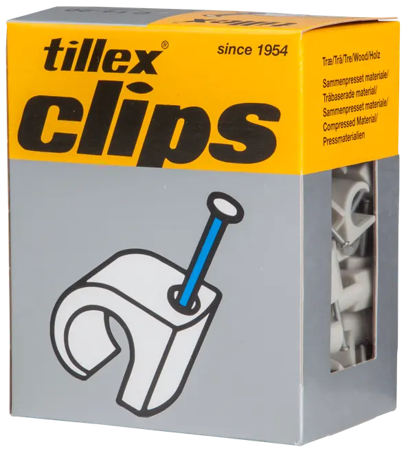 Æske med Tillex kabelclips til træ, indeholder hvide U-formede plastclips med isatte søm, bruges til fastgørelse af kabler på træoverflader. Velegnet til kabelstyring.
