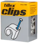 Æske med Tillex kabelclips til træ, indeholder hvide U-formede plastclips med isatte søm, bruges til fastgørelse af kabler på træoverflader. Velegnet til kabelstyring.
