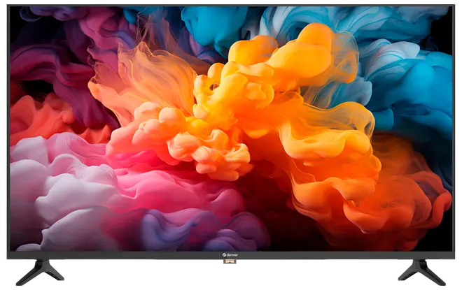 Fladskærms LED-TV med slanke sorte rammer, to V-formede ben og en levende, farverig skærm. Perfekt til hjemmeunderholdning med moderne design og HD-billedkvalitet.