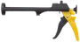 Robust fogpistol med svart cylinder och gult handtag, avsedd för applicering av fogmassa eller lim. Ergonomiskt grepp och avtryckare för enkel, kontrollerad användning.