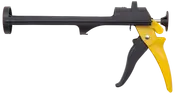Robust fugepistol med sort tønde og gult håndtag, designet til påføring af fugemasse eller lim. Ergonomisk greb og udløser for nem og kontrolleret brug.