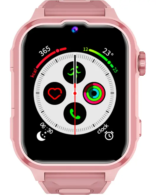 Pink smartwatch med rektangulært display, digital skærm med fitness tracking, pulsmåler, opkalds- og aktivitetsikoner. Sideknap og silikone rem. Moderne design til daglig brug.