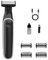 Sort elektrisk skægtrimmer med fire kamme, rensebørste, olieflaske og USB-opladerkabel. Ergonomisk håndtag med tekstur for nem brug. Velegnet til præcis trimning.